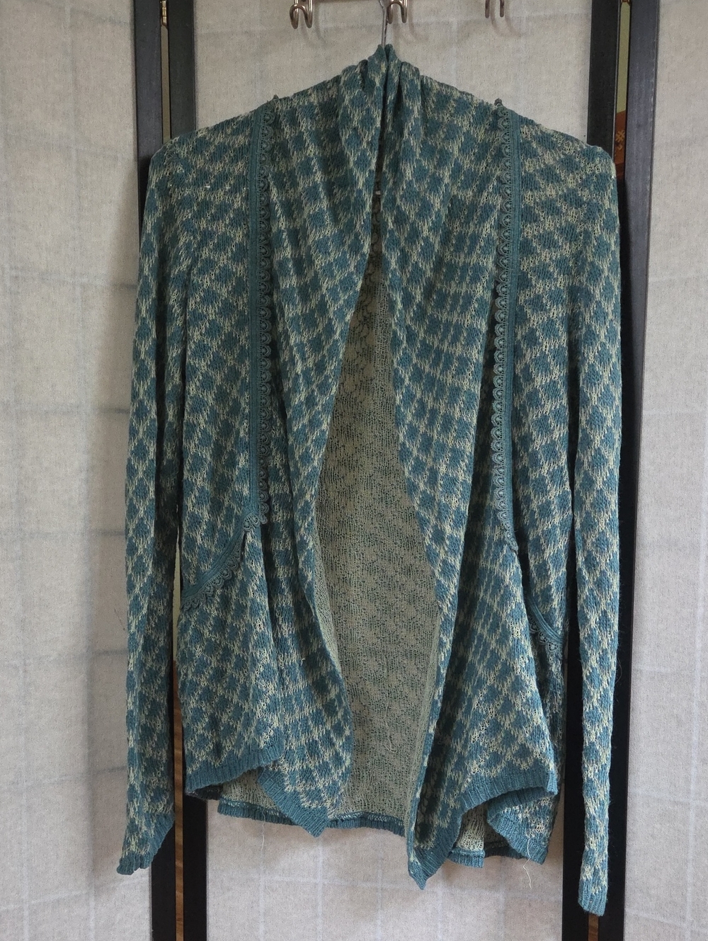 Anthropologie Teal Diamond Knit Draped Open Front Cardigan Scalloped Trim
